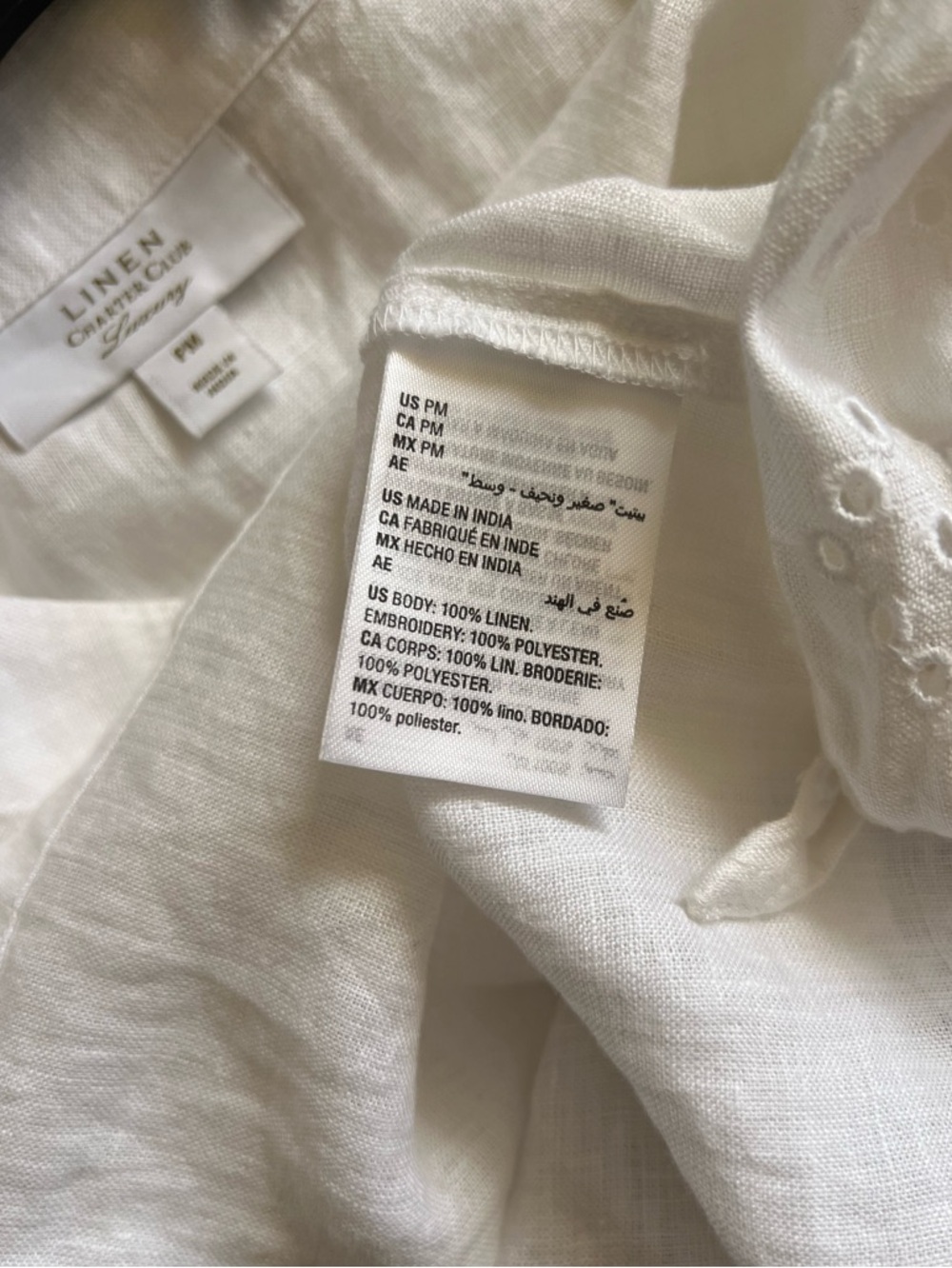 New 100% Linen Charter Club luxury White Eyelet Tie Sleeve Blouse Size P M - Picture 6 of 9